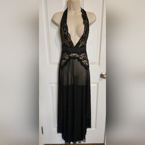 Avid Love size Large Black Lace Long Lingerie Gown Sheer Sweeping Halter